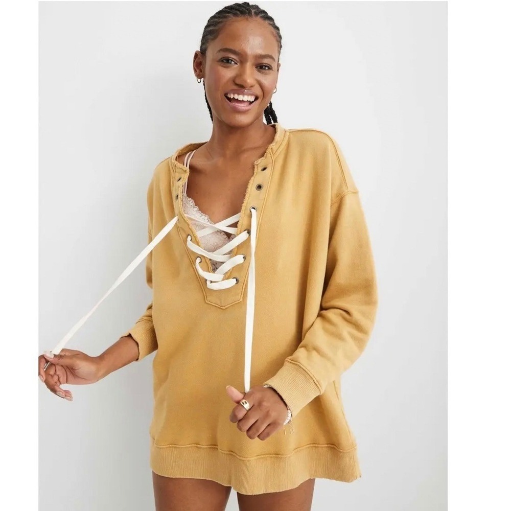 NEW Aerie Marigold Lace Up Long Sleeve Pullover Sweatshirt Comfy Oversized Small